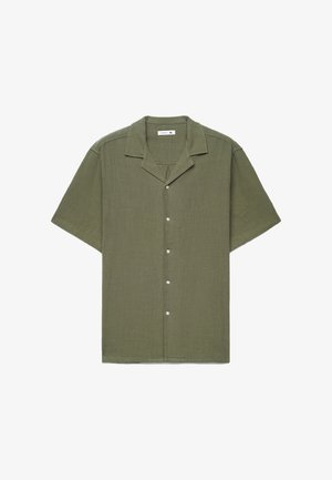 Camicia verde oliva a maniche corte con bottoni, colletto a camicia e tessuto strutturato, taglia XL.
