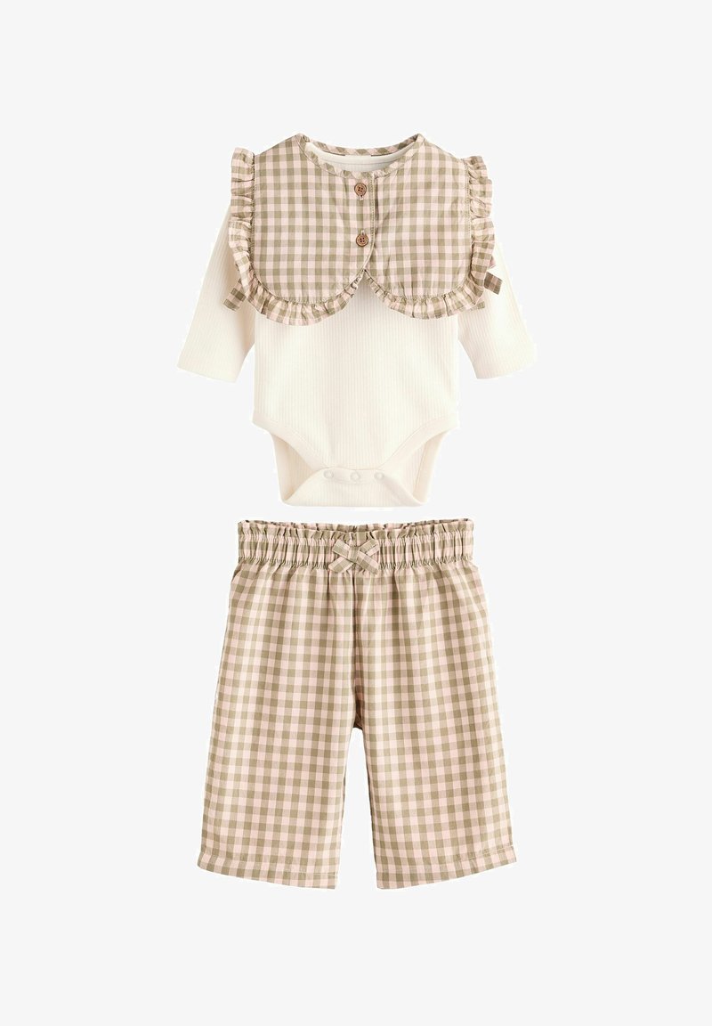 Beige- und cremefarbener karierten Bodysuit mit Rüschkragen, Holzknöpfen und passenden Shorts mit elastischem Bund und Schleifendetail.