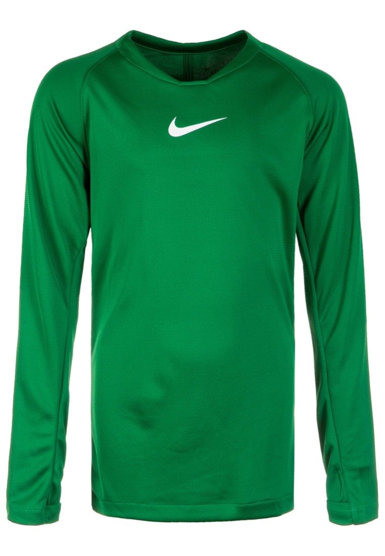 Maglietta sportiva verde a maniche lunghe realizzata in morbido tessuto di poliestere, con il logo Nike bianco sul petto e un collo rotondo.