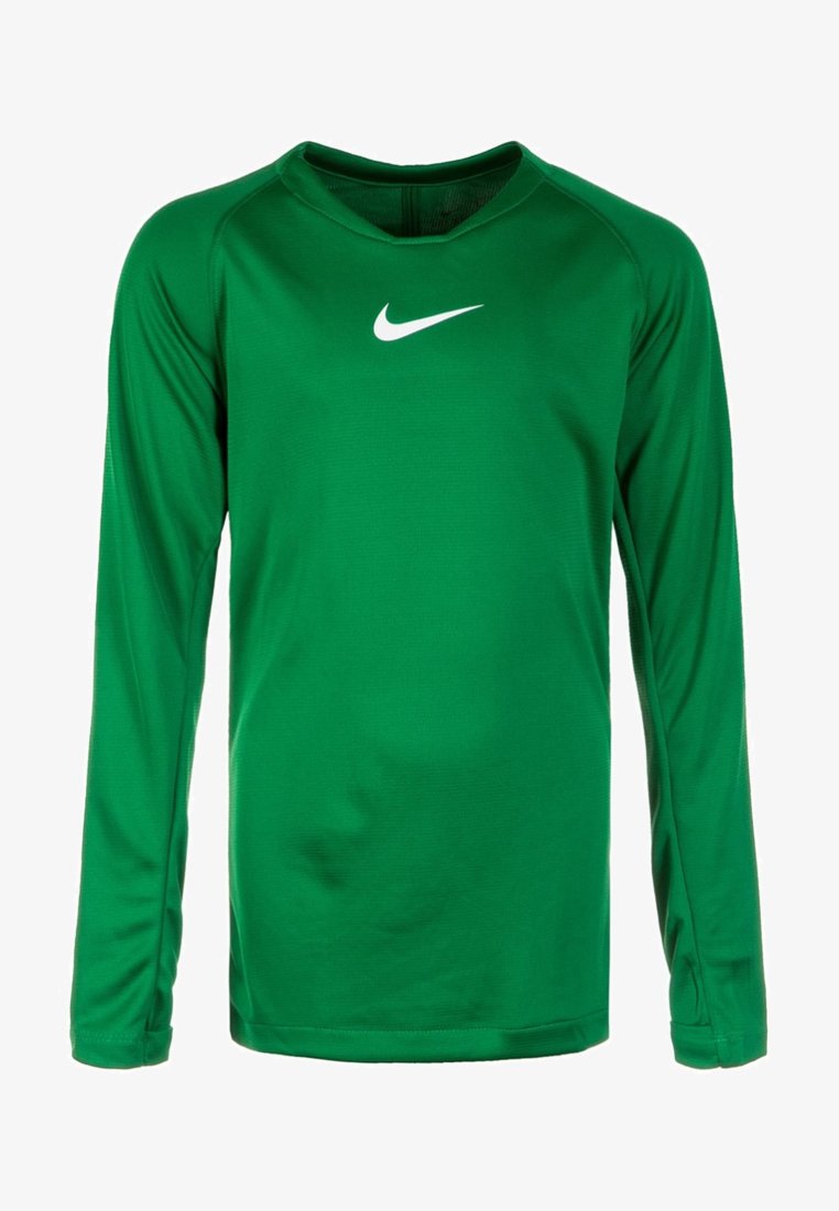 T-shirt de sport à manches longues verte en polyester lisse, avec un logo Nike blanc sur la poitrine et un col rond.