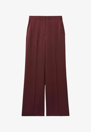 Pantalons larges bordeaux en tissu lisse, dotés d'une taille haute et de deux poches latérales, conçus avec des pinces à l'avant pour un look tailleur.