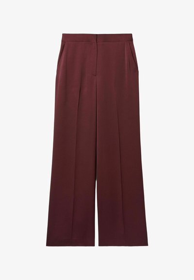 Pantaloni larghi bordeaux realizzati in tessuto liscio, con vita alta e due tasche laterali, progettati con pieghe frontali per un aspetto raffinato.