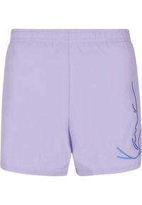 Pantaloni scurți de un purpuriu deschis, cu un brâu elastic, având accente brodate albastre pe lateral și o textură netedă, mată.