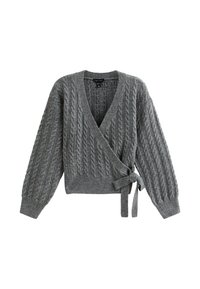 Cardigan grigio avvolgente realizzato in tessuto a maglia testurizzato, con scollatura a V profonda, maniche lunghe e una cintura in vita per la chiusura.