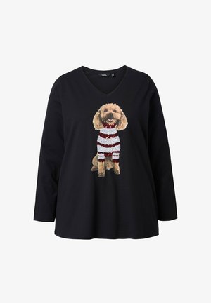 Black long-sleeve shirt featuring a graphic of a dog in a red and white striped sweater, with a V-neck design.