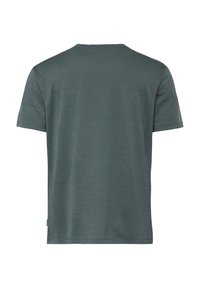T-shirt en coton gris foncé à manches courtes, montré de dos avec un col rond et une petite étiquette verte sur le côté inférieur.