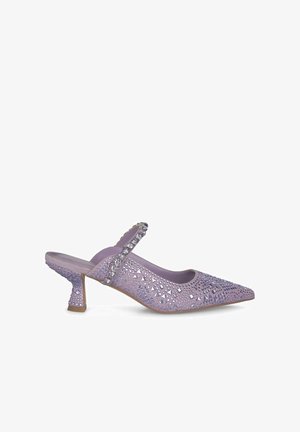 Purple slingback shoe with pointed toe, textured material, and scattered rhinestone embellishments on the upper. Low block heel.