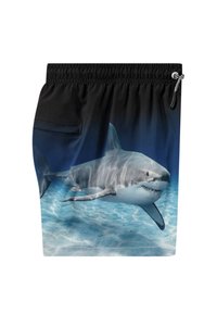 Pantaloni da bagno neri con una grafica di squalo realistica su uno sfondo sfumato che va dal blu scuro al blu chiaro, dotati di una vita elastica.