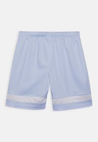 Světle modré sportovní kraťasy vyrobené z hladké tkaniny, s elastickým pasem a kontrastními bílými pruhy na lemu.