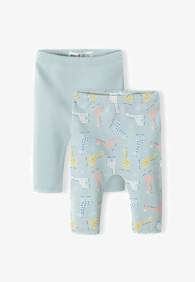Light blue cotton leggings set, featuring a plain pair and another with a giraffe print in pastel colors. Soft, stretchy fabric and smooth texture.