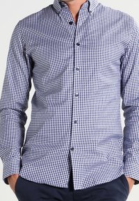 Slim-fit, langarm shirt in marineblauw en wit ruitpatroon, met een button-down kraag en een voorkant met placket en donkere knoppen.