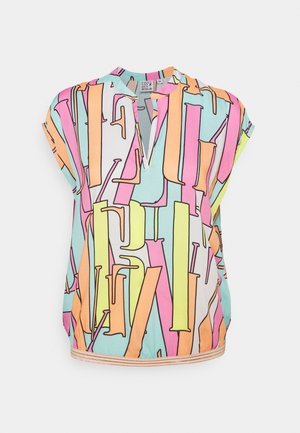 Short-sleeve, collarless blouse with V-neck, featuring bold abstract vertical stripes in pastel pink, orange, yellow, and blue on light background.
