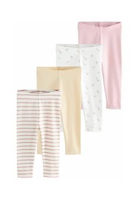Vier paar leggings: een gestreept model in roze en wit, een effen lichtgeel, een witte met bloemenprint en een effen pastelroze. Rekbaar, zacht materiaal.