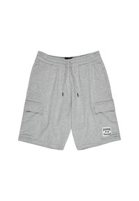 Grijze cargoshorts van zachte stof, met een elastische tailleband met trekkoord, twee zijzakken en één cargozak met een label.