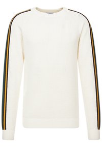 Kremowy sweter dziany z prążkowanym kołnierzem i mankietami. Na rękawach kolorowe paski w odcieniach ciemnej zieleni, żółci i granatu.