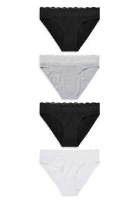 Ensemble de quatre paires de culottes pour femmes : noir, gris et blanc avec finition en dentelle, présentant une texture de tissu lisse et un design classique de culotte.