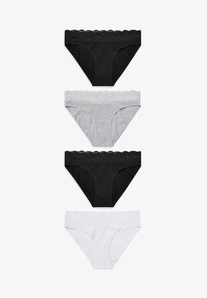 Conjunto de cuatro pares de braguitas para mujer: negro, gris y blanco con ribete de encaje, con una textura de tela suave y un diseño clásico de braguita.