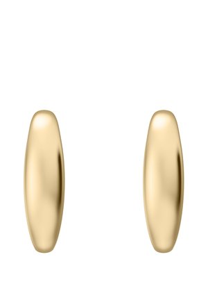 Par glatte, skinnende guld ovale øreringe med en poleret overflade, vist mod en hvid baggrund.