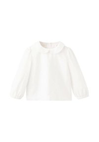 Bela bluza z dolgimi rokavi z okroglim ovratnikom, nagnetenimi manšetami in gladko teksturo tkanine. Preprost dizajn, primeren za plastenje ali priložnostno nošenje.