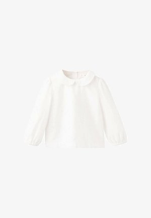 Bela bluza z dolgimi rokavi z okroglim ovratnikom, nagnetenimi manšetami in gladko teksturo tkanine. Preprost dizajn, primeren za plastenje ali priložnostno nošenje.