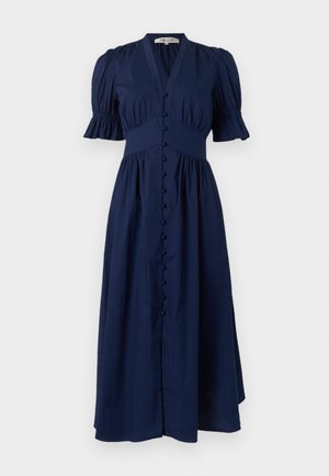 Vestido maxi azul-marinho com decote em V, mangas bufantes, fecho frontal com botões e cintura franzida, feito de tecido leve para conforto.