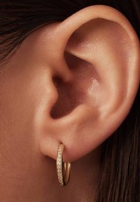 Boucle d'oreille en or avec une rangée de petits gemstones clairs, positionnée dans une oreille percée, mettant en valeur une texture métallique lisse et un design circulaire.