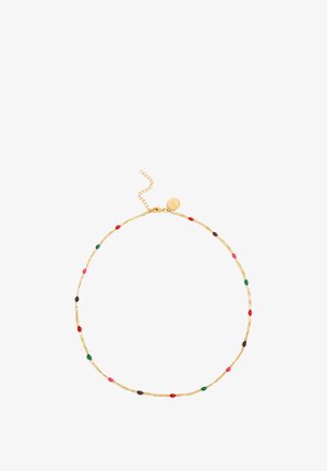 Gold chain bracelet featuring colorful oval beads in red, green, black, and pink, with a clasp and adjustable length chain.