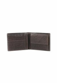Brown leather wallet with a textured finish, featuring multiple card slots on the left and a side pocket on the right.