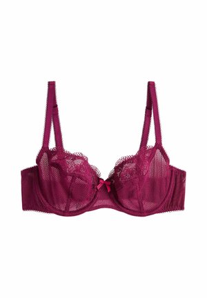 Gennemsigtig blonder undertrøje med bøjle i dyb magenta med justerbare stropper og lille sløjfedetalje i midten.