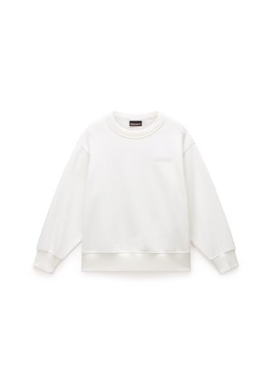 Balta sportinė palaidinė su apvaliomis iškirptėmis, raukinėtais rankogaliais ir apačia. Priekyje yra tekstūruotas logotipas. Pagaminta iš švelnaus, storio audinio.