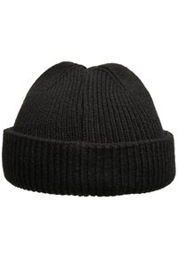 Căciulă tricotată neagră, cu textură ribbed, vârf rotund și tiv pliant. Fabricată dintr-un fir moale și gros pentru căldură și confort.
