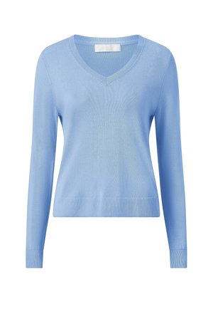 Lyseblå langærmet V-hals sweater med ribstrikkede manchetter og kant, enkel strikket tekstur og en tætsiddende silhuet.