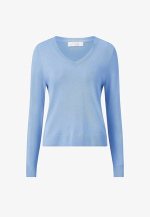 Lyseblå langærmet V-hals sweater med ribstrikkede manchetter og kant, enkel strikket tekstur og en tætsiddende silhuet.