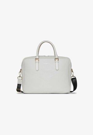 Grijze leren aktetas met gouden hardware, dubbele handgrepen, afneembare zwarte schouderband, rechthoekige vorm, gladde textuur, geperst logo.