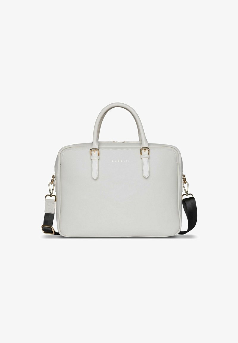 Grau Leder Aktentasche mit goldfarbenen Beschlägen, doppelten Griffen, abnehmbarem schwarzen Schultergurt, rechteckiger Form, glatter Textur, geprägtem Logo.