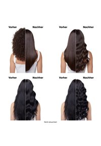 Quattro acconciature mostrate in formato prima e dopo: capelli ricci, lisci e mossi in tonalità scure. I capelli appaiono pieni, lucidi e sani.