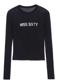 Schwarzes, geripptes Langarmoberteil mit in Weiß auf der Brust eingesticktem "MISS SIXTY". Gepunkteter Schnitt mit rundem Ausschnitt.