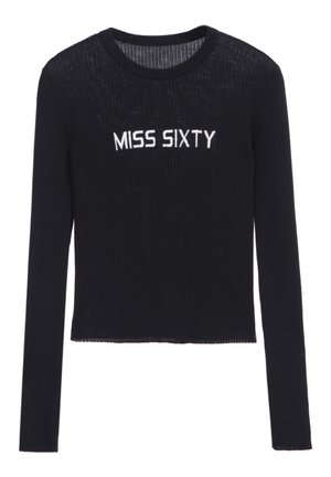 Black ribbed long-sleeve top featuring "MISS SIXTY" embroidered in white across the chest. Cropped design with a round neckline.