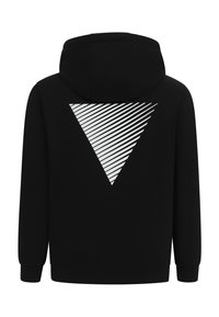 Zwarte hoodie met een groot wit gestreept driehoekig ontwerp op de rug, gemaakt van een zachte stof met ribgebreide cuffs en zoom.