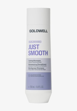 Witte en lavendelkleurige Goldwell Just Smooth shampoo fles voor het temmen van pluizig of gestructureerd haar, 250 ml, met kleurbehoud.