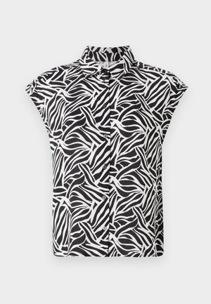 Kurzarmshirt in Schwarz und Weiß mit Wellenmuster. Hergestellt aus leichtem Stoff mit kragenähnlichem Ausschnitt und Knopfdetails.