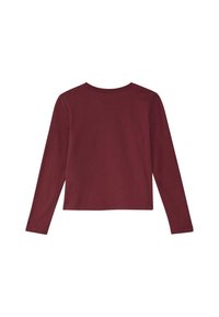 Czarna bawełniana bluzka z długim rękawem w kolorze maroon z okrągłym dekoltem, o gładkiej fakturze i standardowym kroju, widoczna z tyłu.