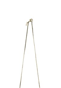 Collana in ottone con una catena sottile e delicata, caratterizzata da un piccolo tag rettangolare e una chiusura a moschettone. La finitura è lucida e brillante.