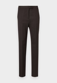 Barna, testre szabott nadrág, slim fit szabással, lapos elejű, gombos záródással és sima, texturált anyaggal.