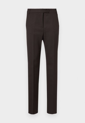 Brune skræddersyede bukser med slim fit, som har flad front, knaplukning og et glat, tekstureret stof.