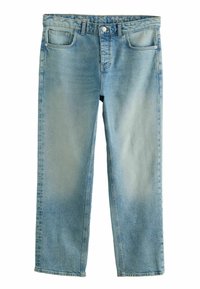 Lichtblauwe denim jeans met een recht gesneden ontwerp, voorzien van vijf zakken, een knoopsluiting aan de voorkant en subtiele vervaging op verschillende plekken.