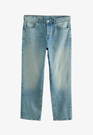 Lichtblauwe denim jeans met een rechte pijp, voorzien van vijf zakken, een knoopsluiting aan de voorkant en subtiele vervaging.