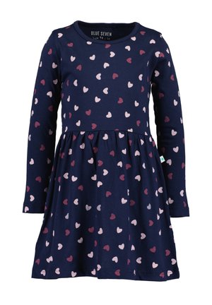 Vestido azul marino de manga larga con cintura fruncida, decorado con patrones dispersos de corazones rosas y rojos, talla 98/3 años.