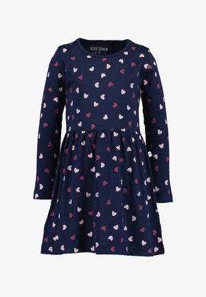 Robe à manches longues bleu marine avec taille froncée, décorée de motifs de cœurs roses et rouges dispersés, taille 98/3 ans.