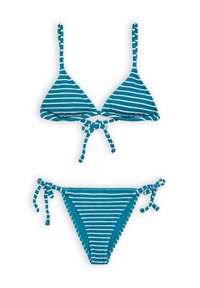 Teal ja valge triibuline bikiinide komplekt, mis sisaldab kolmnurkset tippu ja külgmiste sidemete detailidega pükse, valmistatud tekstureeritud kangast koos reguleeritavate rihmadega.